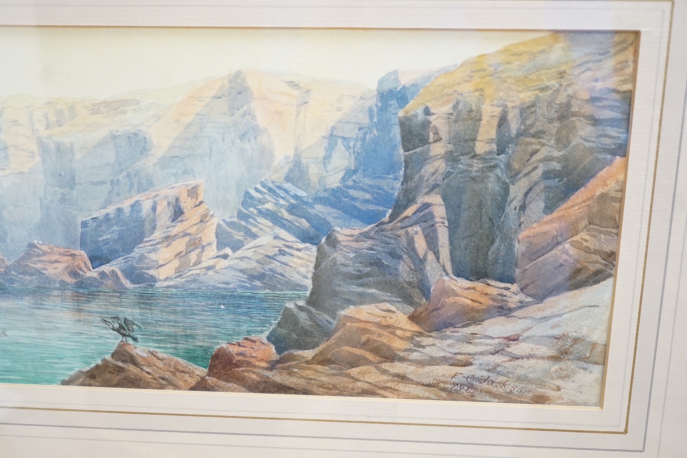 F.E. Jackson, watercolour, 'Headland Val der Chann', signed, 16 x 50.5cm, together with a group of assorted pastels and watercolours